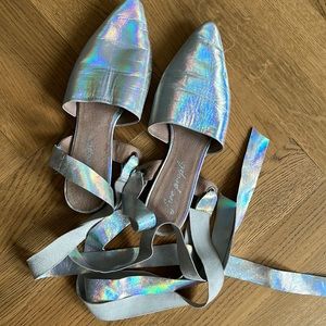 Iridescent silver flats with ankle ties, Free People, size 40